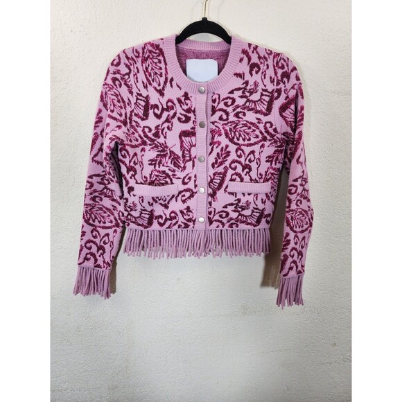 Anthropologie Sweaters - Anthropologie NVLT Womens XS Pink Damask Fringe Knit Button Cardigan Sweater